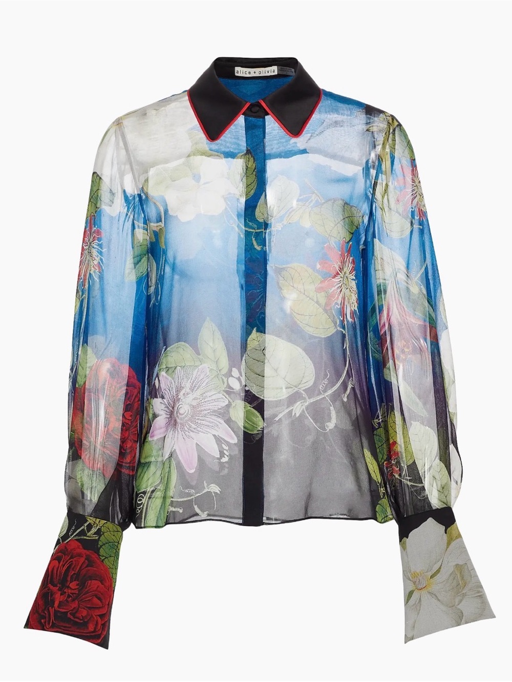 Alice + Olivia Botanical Floral Silk Blend Blouse Black Collar Red Piping M - Picture 4 of 9